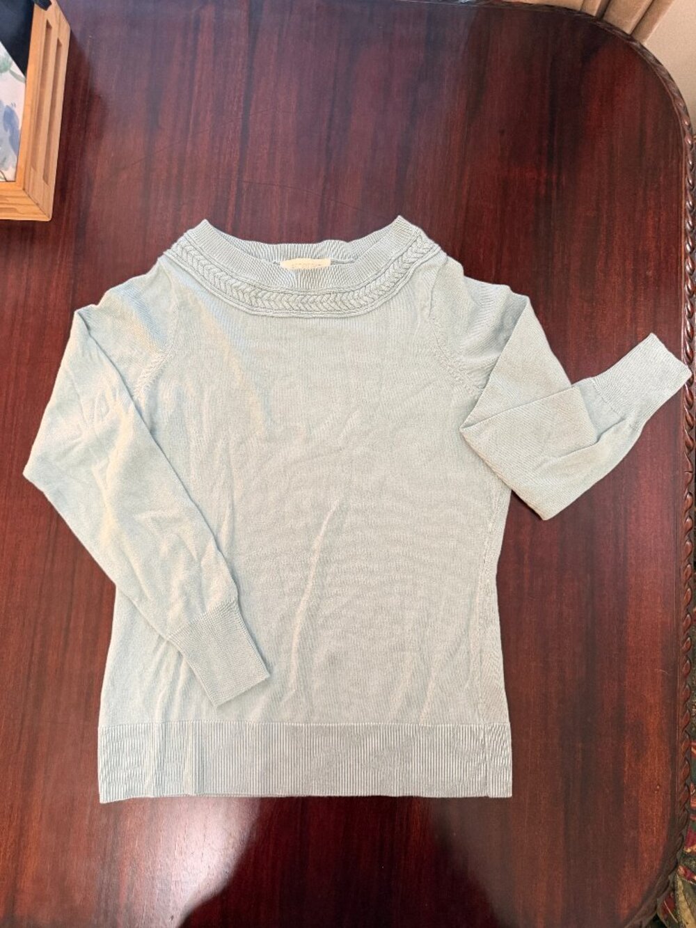 Etcetera Braided Neckline Knit Sweater Sage Blue XS
